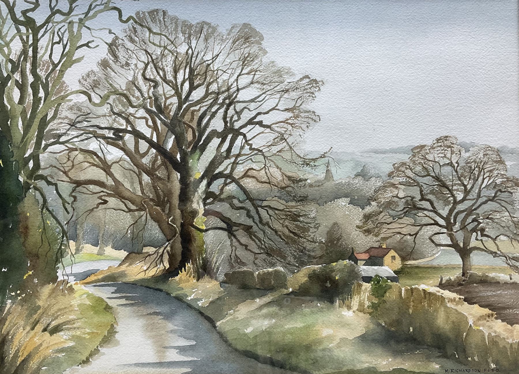 EJ Taylor (British 20th century): Woodland Troll with Fly Agaric, oil on board signed; M Richardson (British 20th century): 'Whitcliffe Lane', watercolour signed and titled max 34cm x 37cm (2)