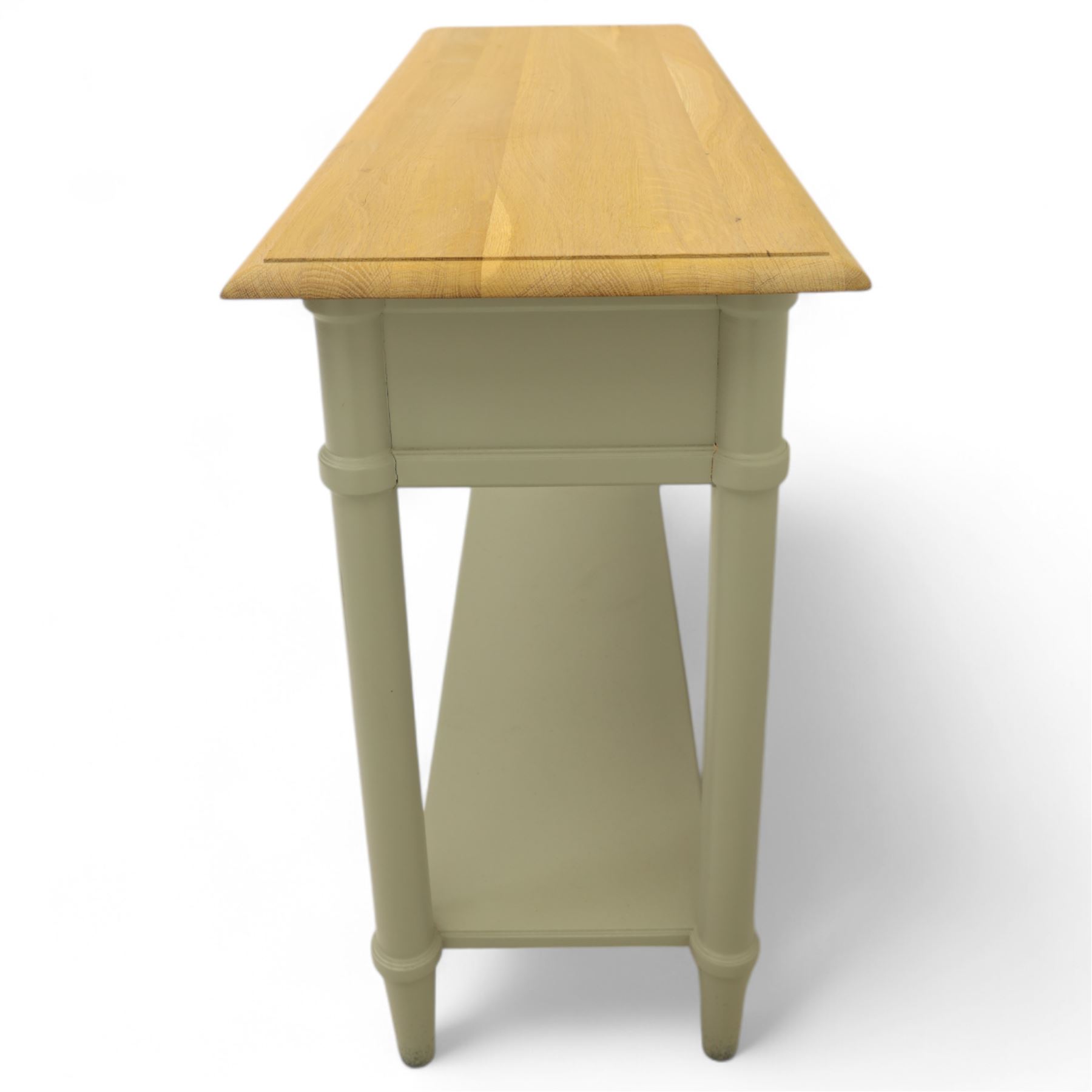 John Lewis - contemporary painted console table, rectangular oak top over single frieze drawer with turned knob handles, raised on four turned supports with lower platform shelf