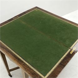 Edwardian inlaid rosewood card table, fold over moulded rectangular top with baize lined interior, square tapering supports jointed by undertier, W92cm, H73cm, D45cm