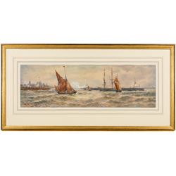 Thomas Bush Hardy (British 1842-1897): 'Boulogne' with Steam Tug and Sailing Boats at the Harbour Mouth, watercolour signed titled and dated '95, 21,5cm x 69cm