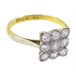 Early-mid 20th century 18ct gold milgrain set diamond square cluster ring, stamped, total diamond weight approx 0.45 carat