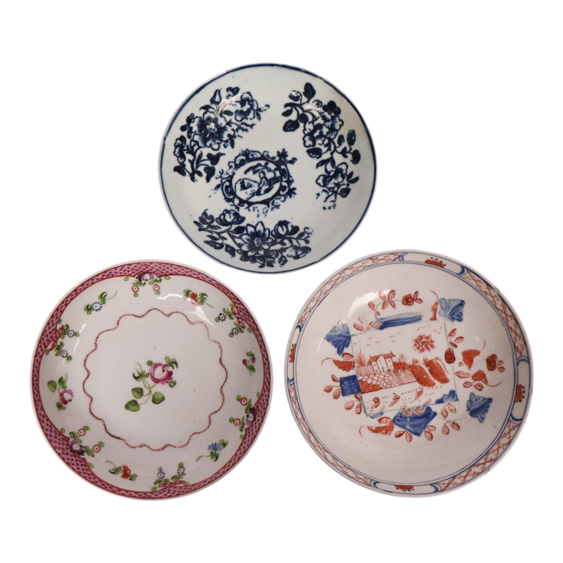 Collection 18th century and later English porcelain, including Worcester tea bowl in cannonball pattern, a custard cup, New Hall tea bowls and saucers and similar 
