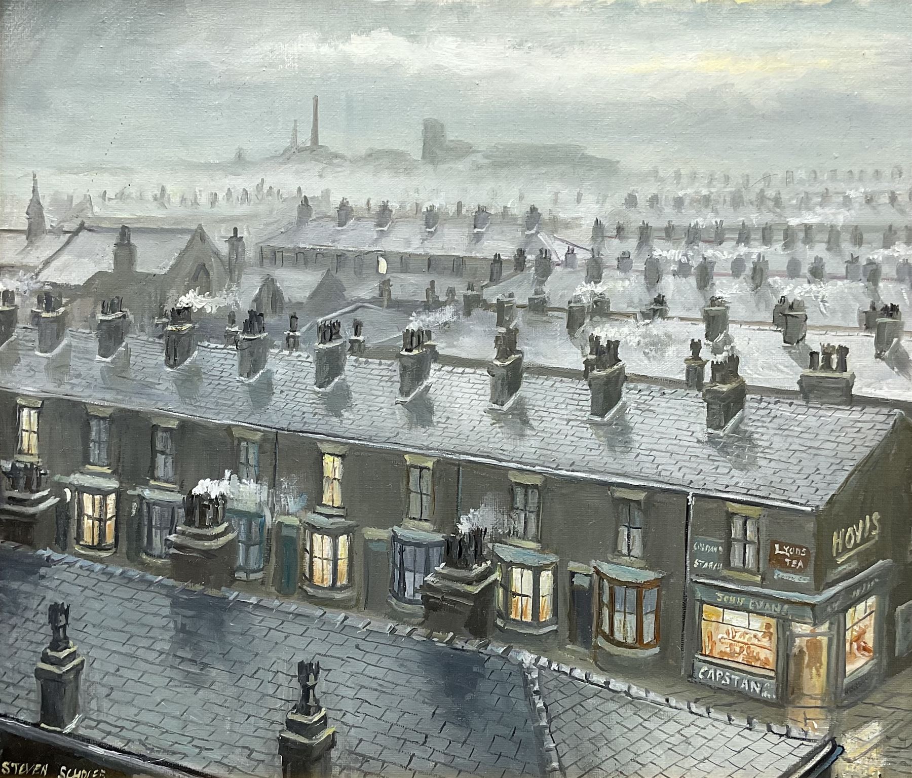 Steven Scholes (Northern British 1952-): 'Rooftops of Manchester', oil on board signed 32cm x 37cm