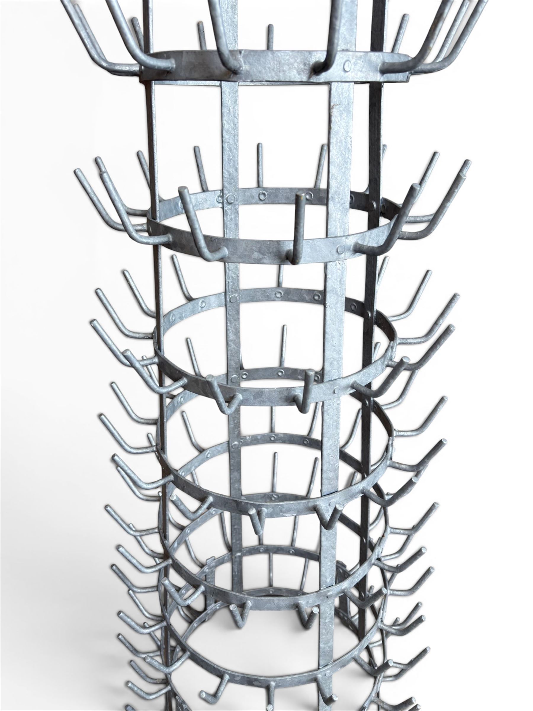 Galvanised metal bottle drying tree, pegs for 142 bottles