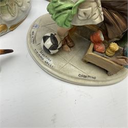 Four Capodimonte figures, comprising Shoemaker by T Galli, Tramp on Bench by Roby B, The Fiddler by Maria Angela, and Gypsy Dancers by Sandro, each with accompanying certificate, plus a Beswick matt glazed horse, and small Beswick pheasant. 