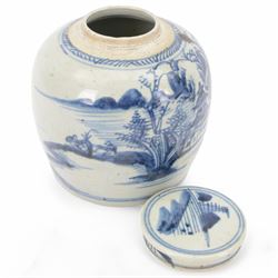 19th century Chinese blue and white ginger jar and cover, decorated with a pagoda in a landscape, H22cm 
