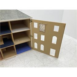 Georgian style paper lined wooden dolls house, three storey with wooden and plastic accessories and window fixtures, H90cm, W96cm, D52cm