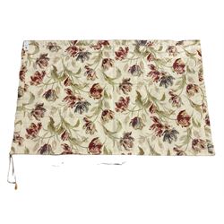 Pair lined and pleated curtains, in cream ground fabric decorated with flowers and trailing foliage (single pelmet width: 105cm. Drop height: 210cm), with beech curtain pole (L198cm, (measurement excludes finials)), and matching rectangular Roman blind (146cm x 94cm)