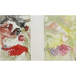  Portraits, four collograph prints, signed and dated June '86 by Jo de Pear (British Contemporary) in two frames each individual print 29.5cm x 20.5cm (2)  