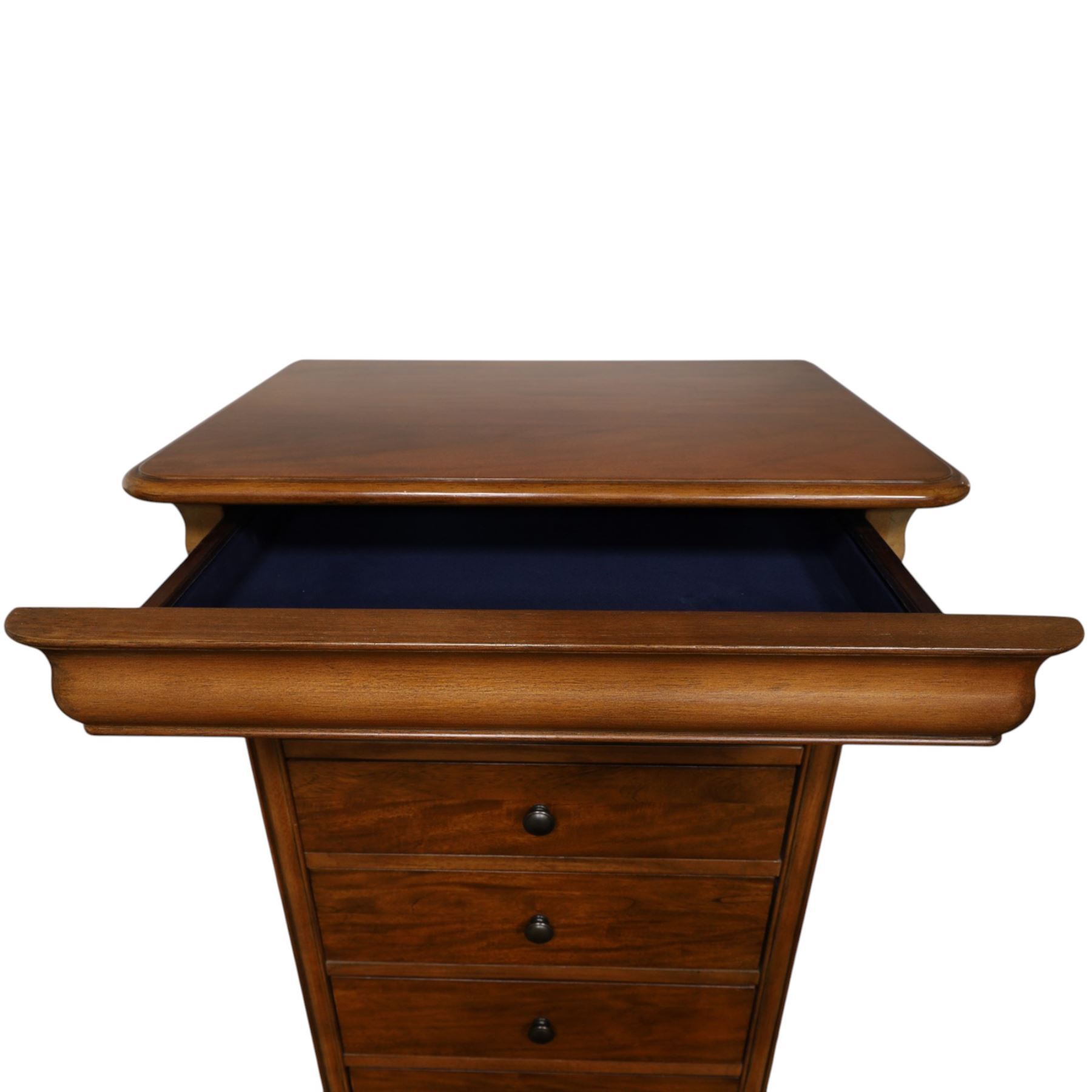 Willis & Gambier - mahogany tall chest, rectangular chamfered top, with frieze drawer with blue baize lining, over six graduating drawers with black pulls, raised on bracket feet