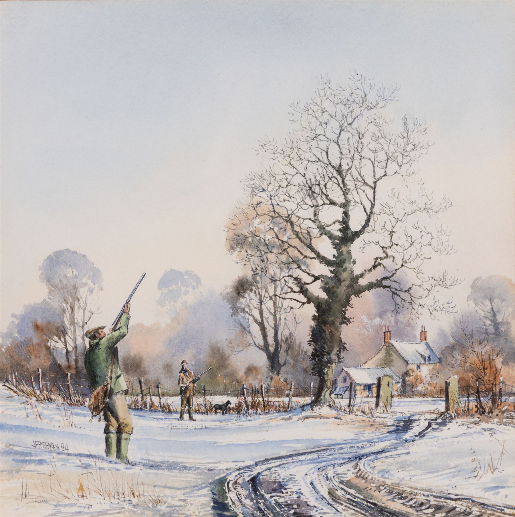 John Freeman (British 1942-): The Shooting Party, watercolour signed and dated '84, 26cm x 26cm