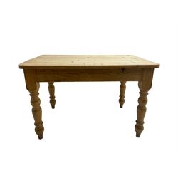 Pine farmhouse dining table, rectangular top with rounded corners fitted with single drawer, raised on turned supports