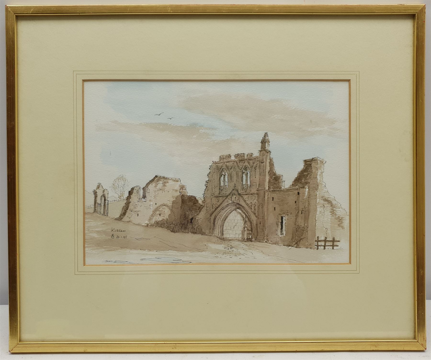 Sir Arthur David Saunders Goodall (British 1931-2016): 'Kirkham' Abbey, watercolour and ink signed with monogram titled and dated 20.01.95, 20cm x 28cm 
Notes: David Goodall was a British diplomat and High Commissioner to India from 1987-1991. His interest in painting began at school at Ampleforth College, but he only started painting seriously twenty years later after reading Churchill's 'Painting as a Pastime'.