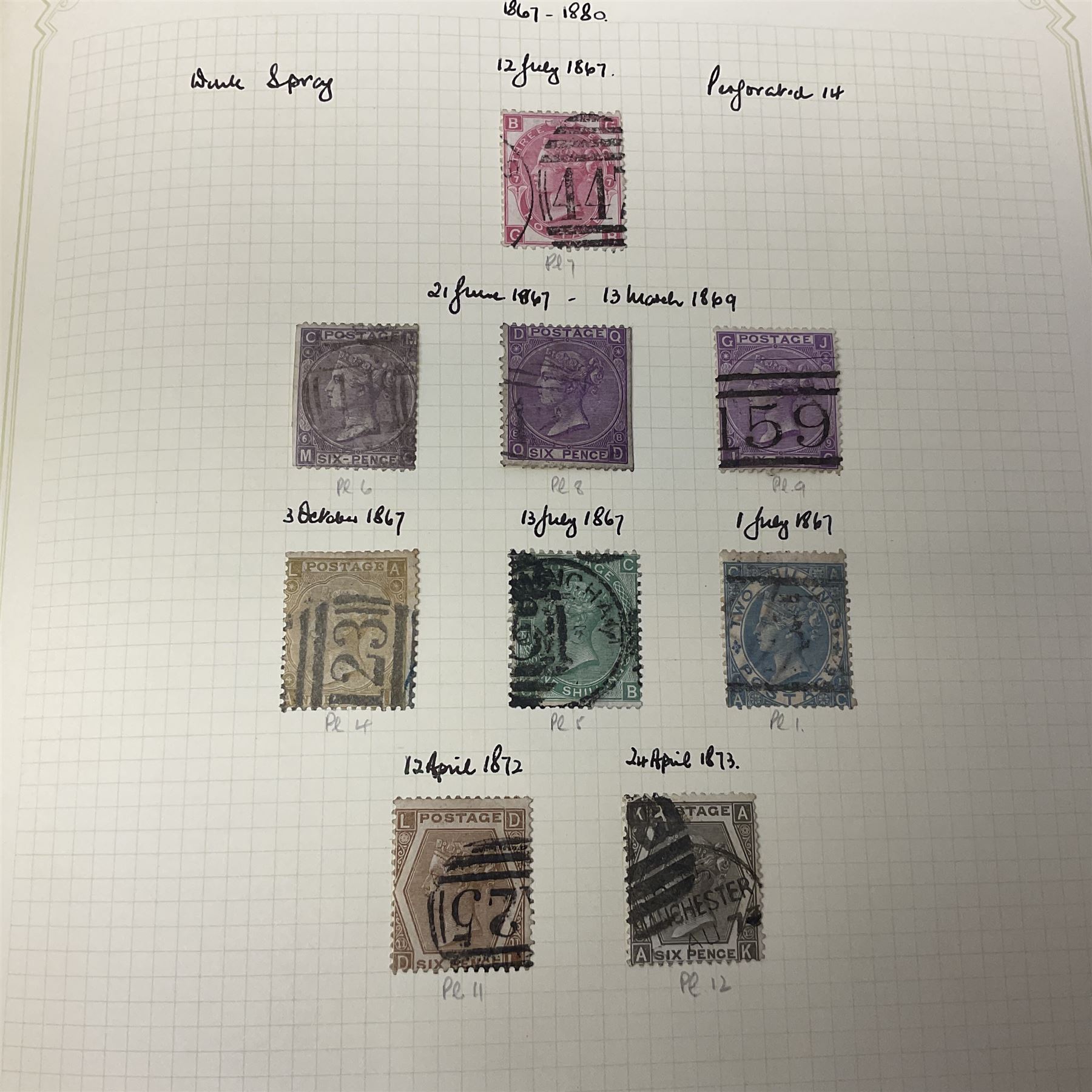 Mostly Great British Queen Victoria and later stamps, including penny black with red MX cancel, 1840 two pence blue with red MX cancel, imperf penny red with black MX cancel, perf penny reds, various Queen Victoria surface printed issues, King Edward VII two shillings sixpence and five shillings, King George V seahorses with values to ten shillings, King George VI with ten shilling dark blue used, Queen Elizabeth II pre and post decimal etc, housed in 'The Simplex Blank Album'