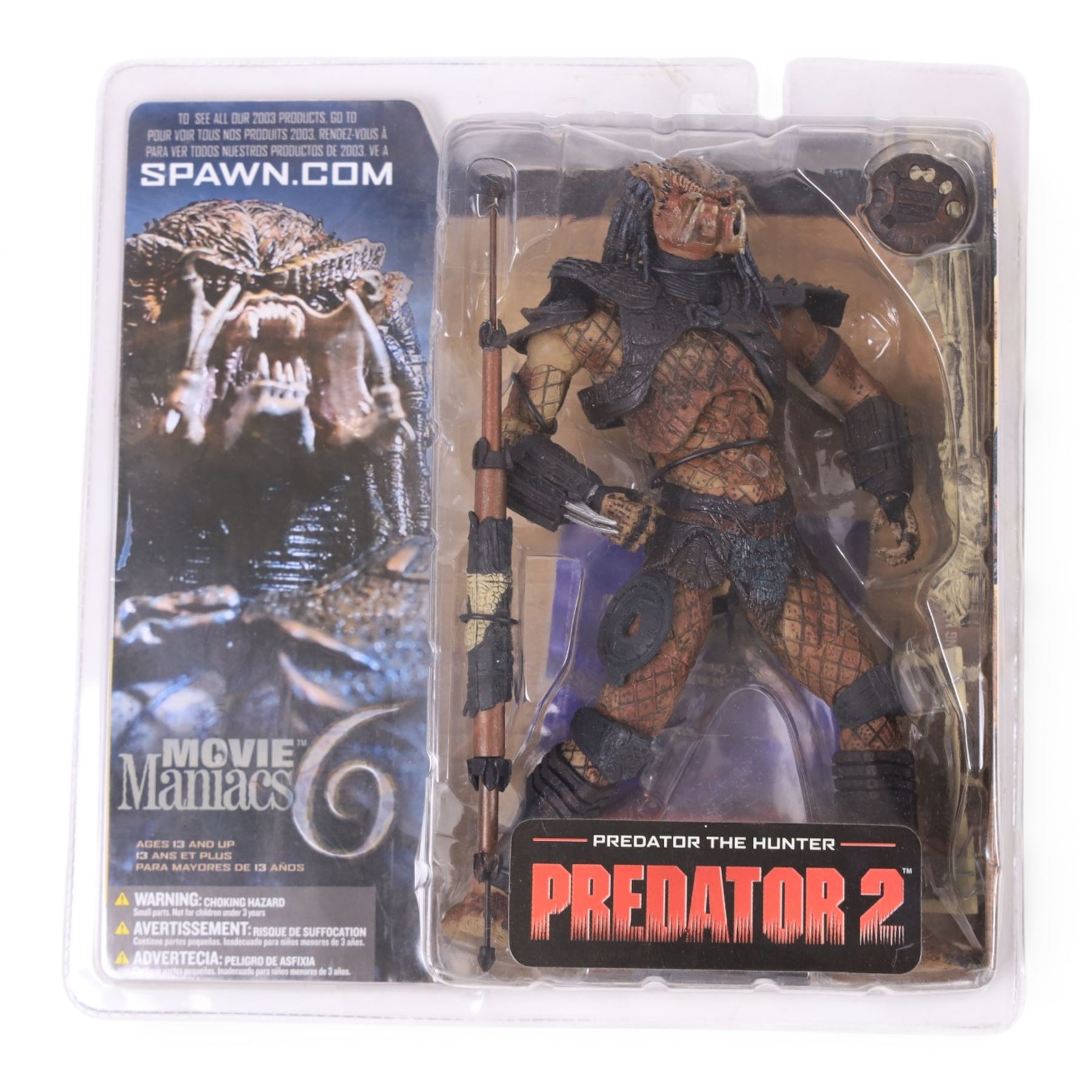 Three McFarlane Toys Movie Maniacs Alien and Predator action figures, comprising Alien Resurrection Warrior Alien, Predator 2 Predator the Hunter and Aliens Colonial Marine CPL Hicks, all carded