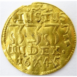  Denmark, Christian IV 1645 Ducat, the obverse depicting king standing holding orb and sceptre, previously mounted on pendant  