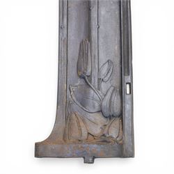 Art Nouveau cast iron fireplace, shaped hood with scrolling foliate crest, relief cast panel of female figure seated within shell form amidst wave motifs, uprights cast with foliate designs