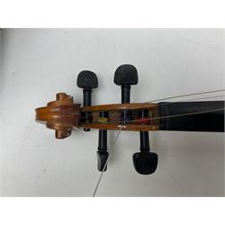 Four student violins - two Chinese three-quarter size with 33.5cm and 34cm two-piece backs; Stringers of Edinburgh quarter size with 28cm two-piece back; and Stentor quarter size with 28cm two-piece back; each in carrying case (4)