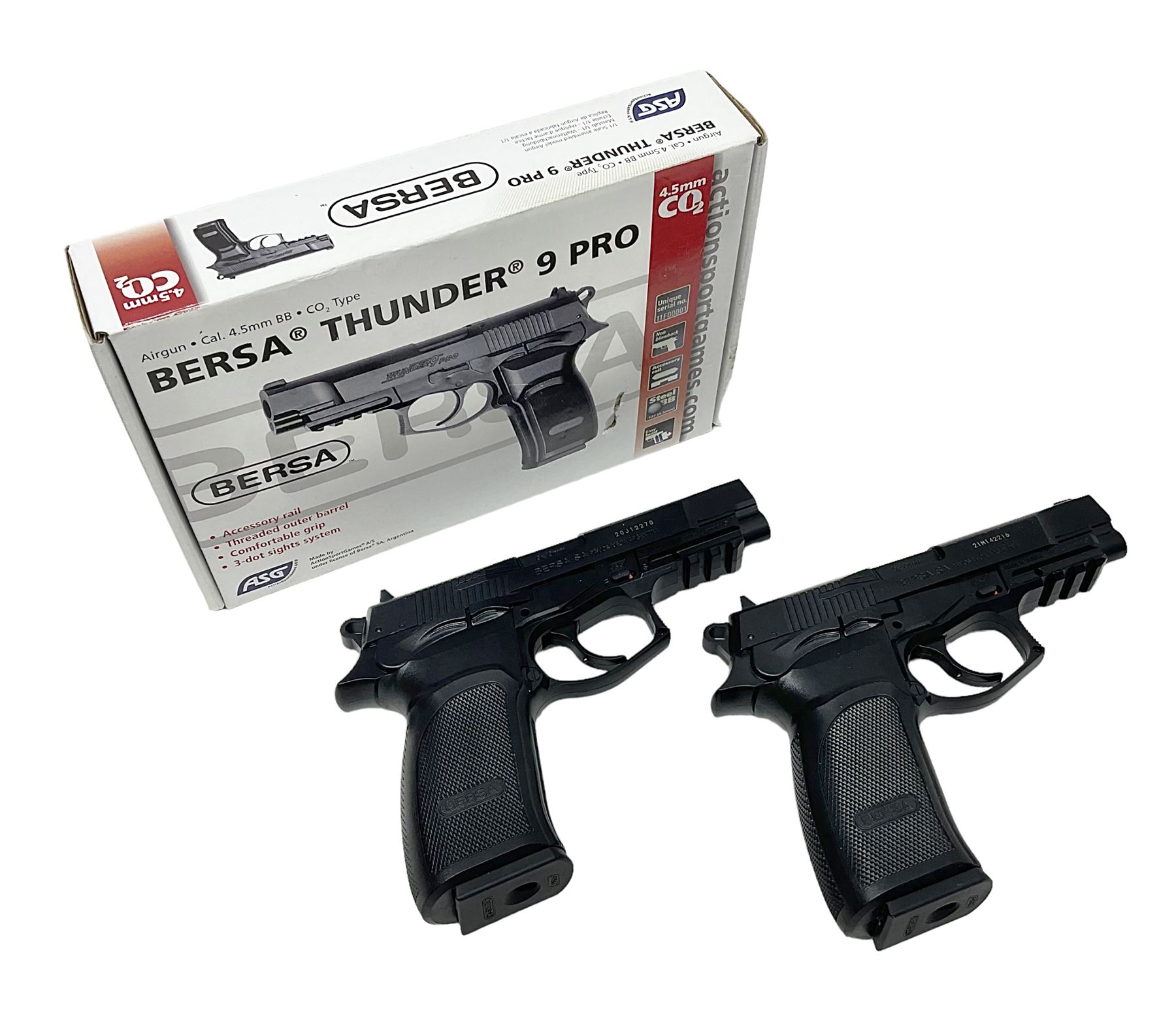 Two Bersa Thunder 9 Pro CO2 BB pistols, serial nos.21M142216 and 20J12270, L30cm overall; one in original box with paperwork  NB: AGE RESTRICTIONS APPLY TO THE PURCHASE OF AIR WEAPONS.