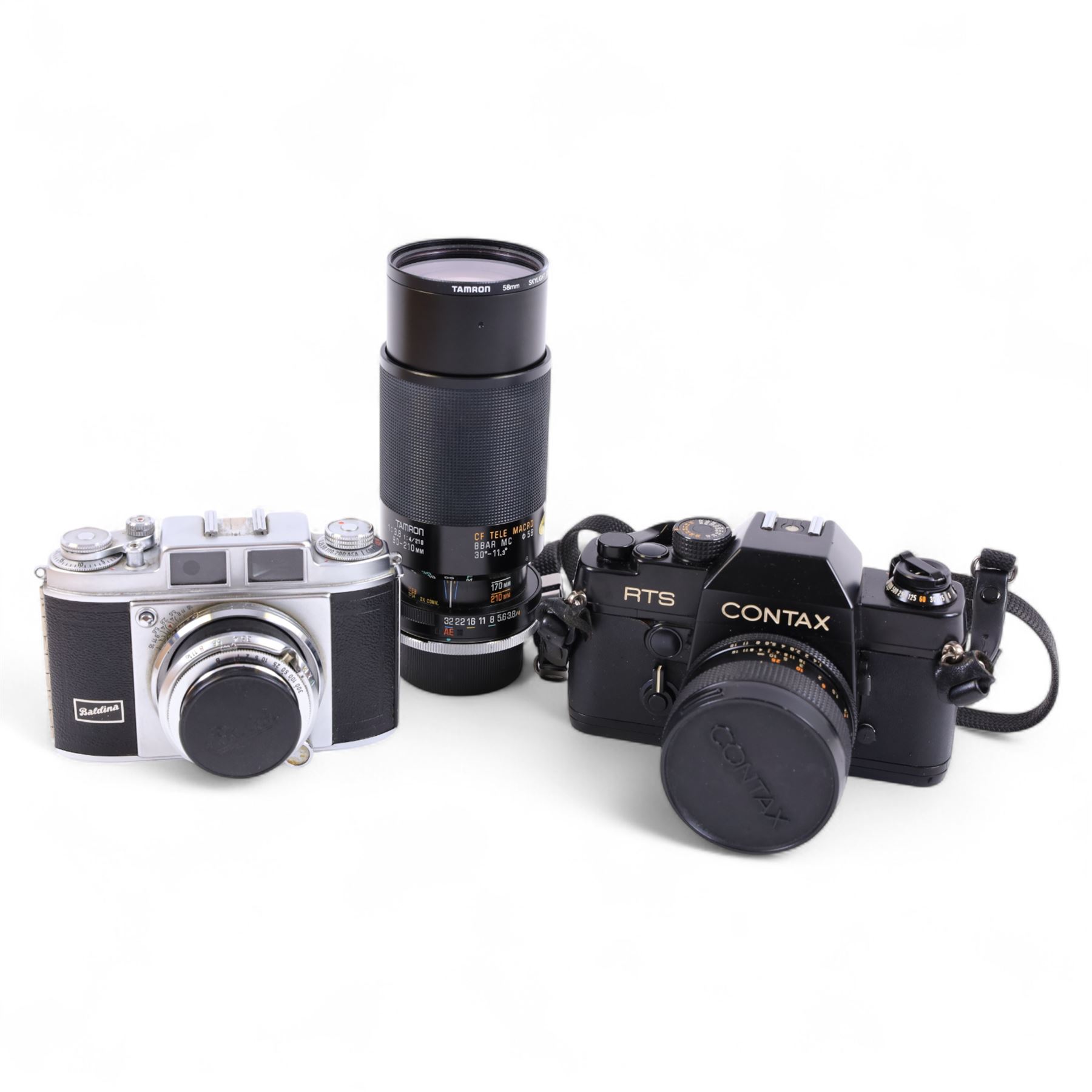 Contax RTS camera body, Baldina camera, Tamron lenses, Kodak film, etc