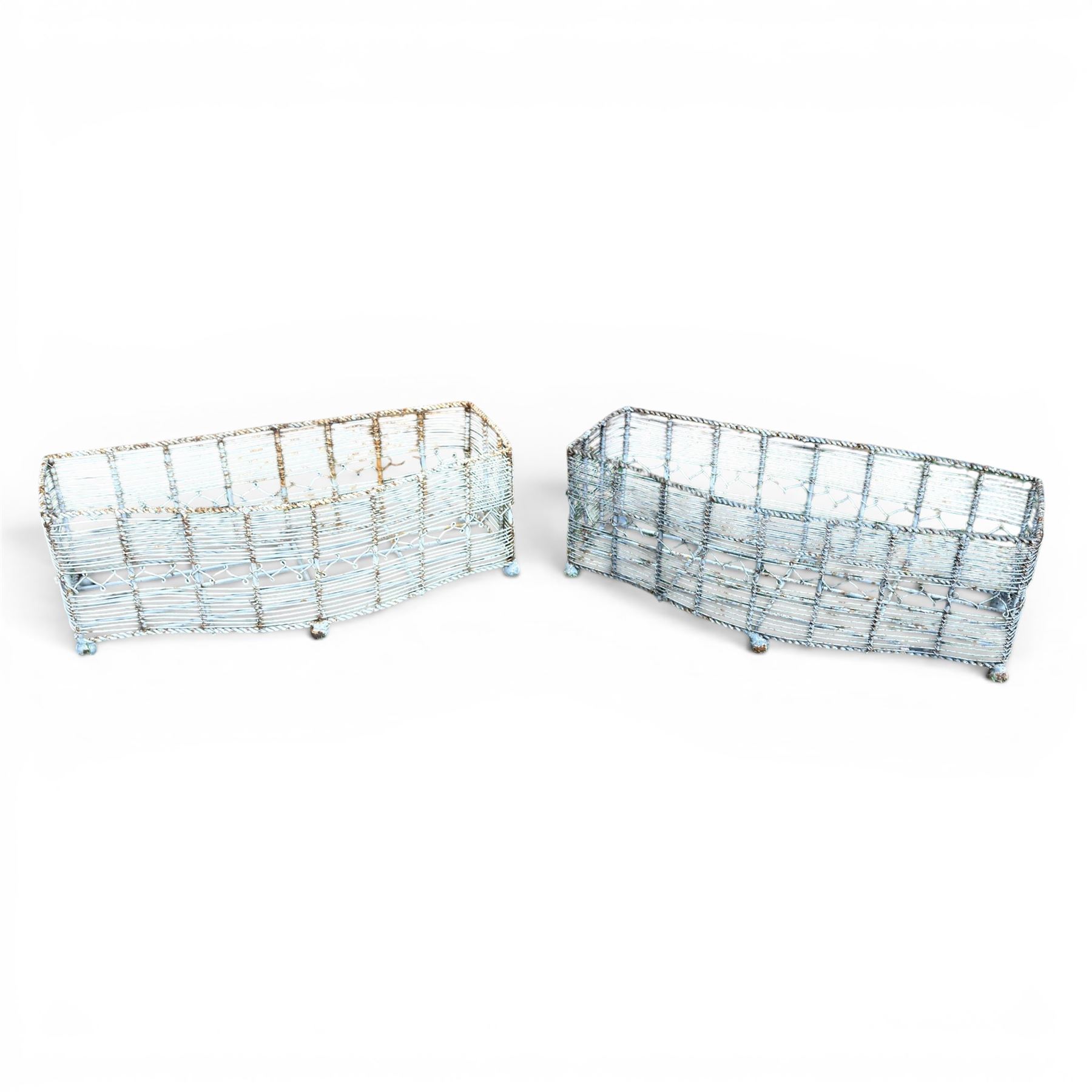 Eight small painted wirework garden planters, painted in antique white and grey finish