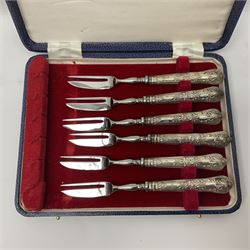 Victorian silver cut glass cruet set on stand, with diamond cut bodies, a set of six silver handled cake forks, cased, a Georgian silver mustard spoon and a silver plated shovel spoon, all hallmarked 