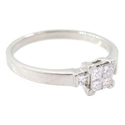 Platinum four stone pave set princess cut diamond cluster ring, with a princess cut diamond set either side, stamped 950, total diamond weight approx 0.35 carat