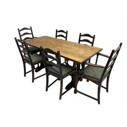 Oak refectory dining table, rectangular top on pierced end supports with sledge feet (W168cm D76cm H77cm); Set six (4+2)oak ladder back dining chairs, seats upholstered in foliate fabric, raised on turned supports (W46cm H95cm)