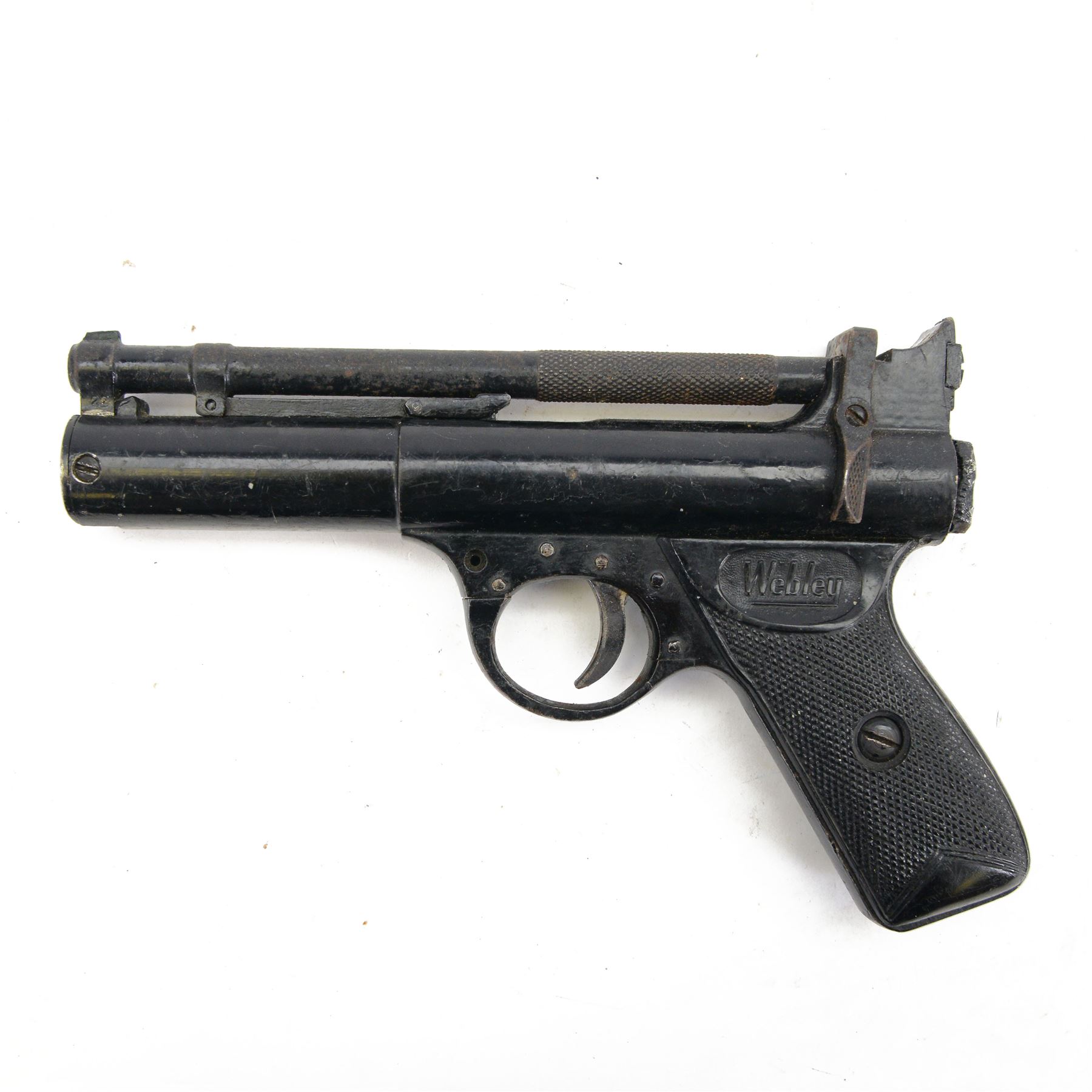 Webley Premier .22 air pistol, batch 947, Series E with 5 pin trigger block, the air chamber marked Webley & Scott Ltd, Webley Premier, Made in England, with checkered grip, H14cm, L19cm