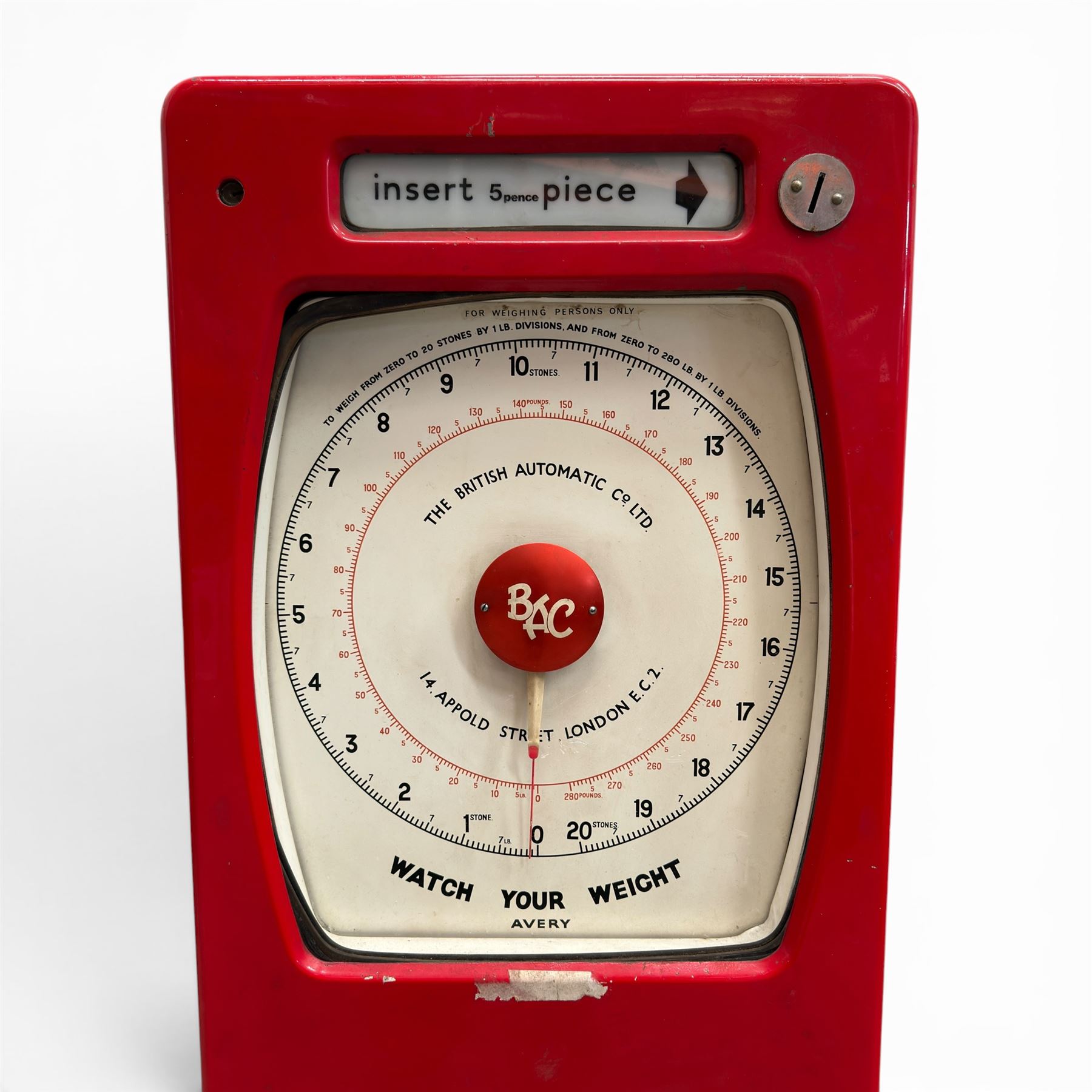 British Automatic Co. Ltd. - mid-20th century coin operated automatic weighing scales, in red finish