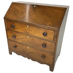 George III mahogany bureau, the fall front enclosing interior fitted with pigeon holes, drawers and cupboard, three graduating drawers below, with ivory escutcheons, shaped apron on bracket feet 

This item has been registered for sale under Section 10 of the APHA Ivory Act
