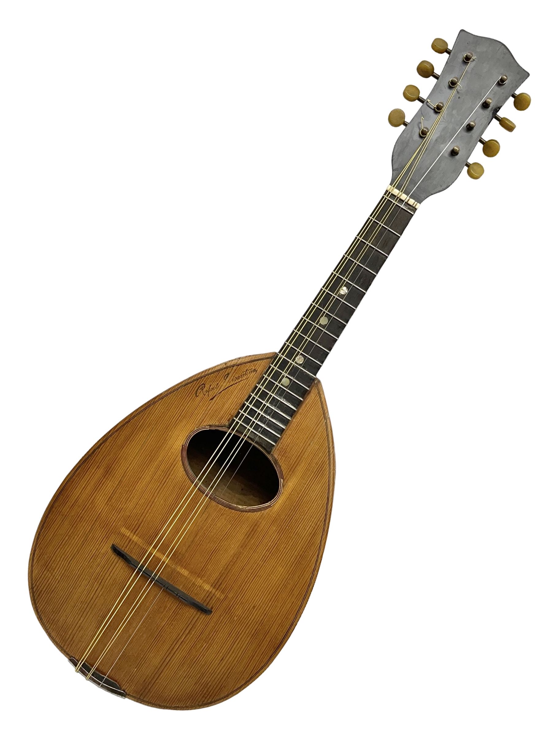 Early 20th century Italian Rafaele Disantino eight-string mandolin with two-piece back and spruce top with stamped Rafaele Disantino signature; bears maker's label L61cm; in wooden carrying case