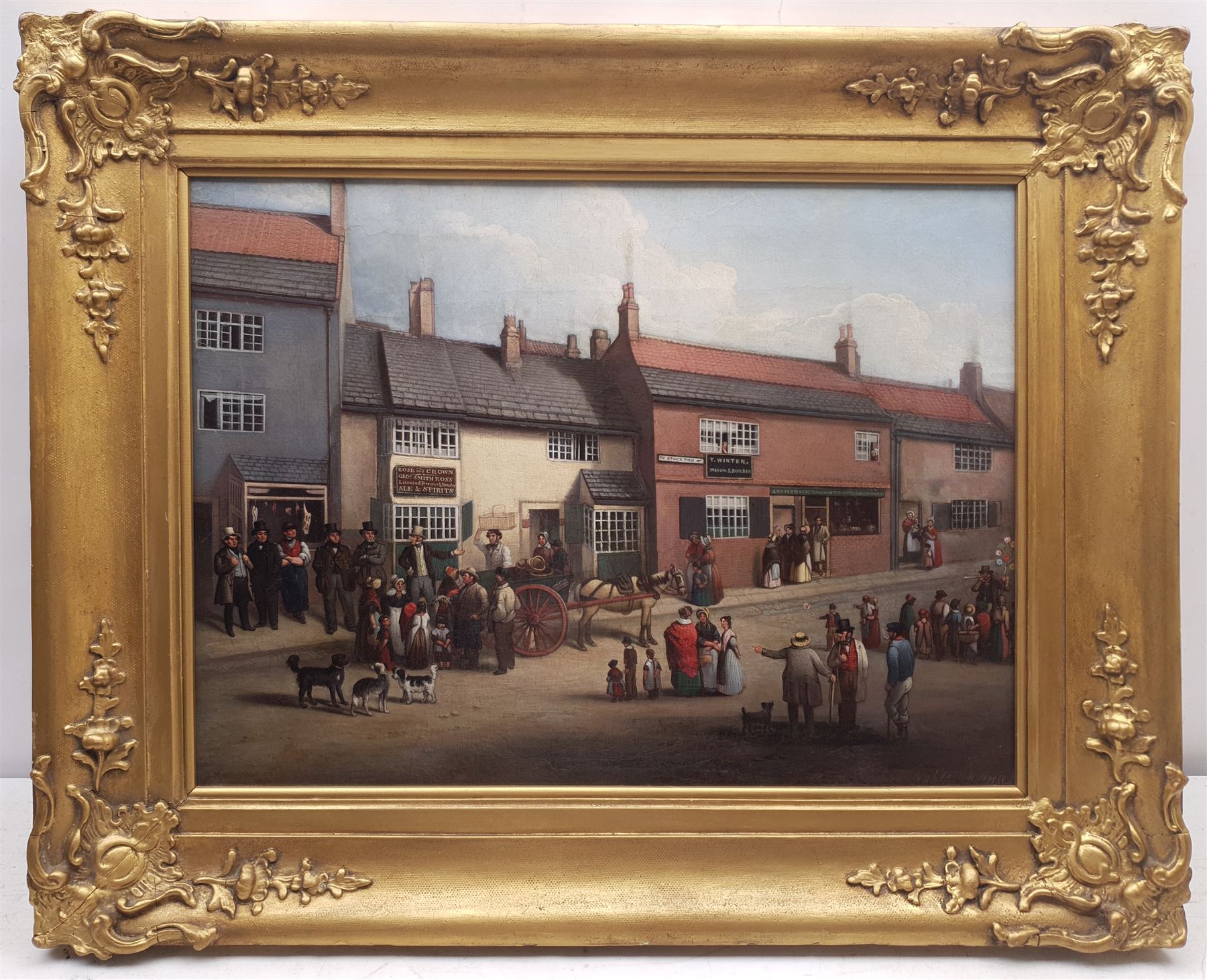 H Wheldon (19th century): High Street on the Road to Stockton with a Durham Fishmonger's Cart outside the Rose and Crown in the foreground, oil on canvas signed and dated 1848, 42cm x 57cm