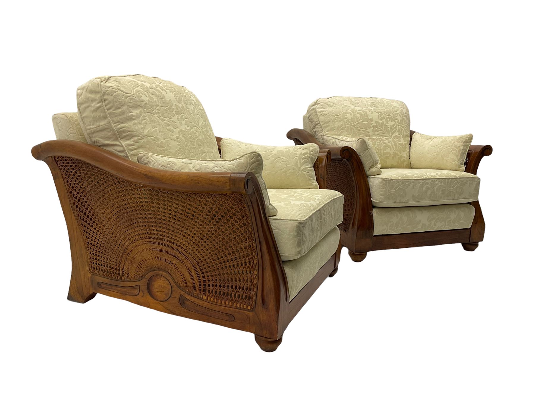 Multi-York - Hardwood framed bergère lounge suite, three seat sofa (W204cm), and pair matching armchairs (W90cm), upholstered in cream floral pattern fabric 