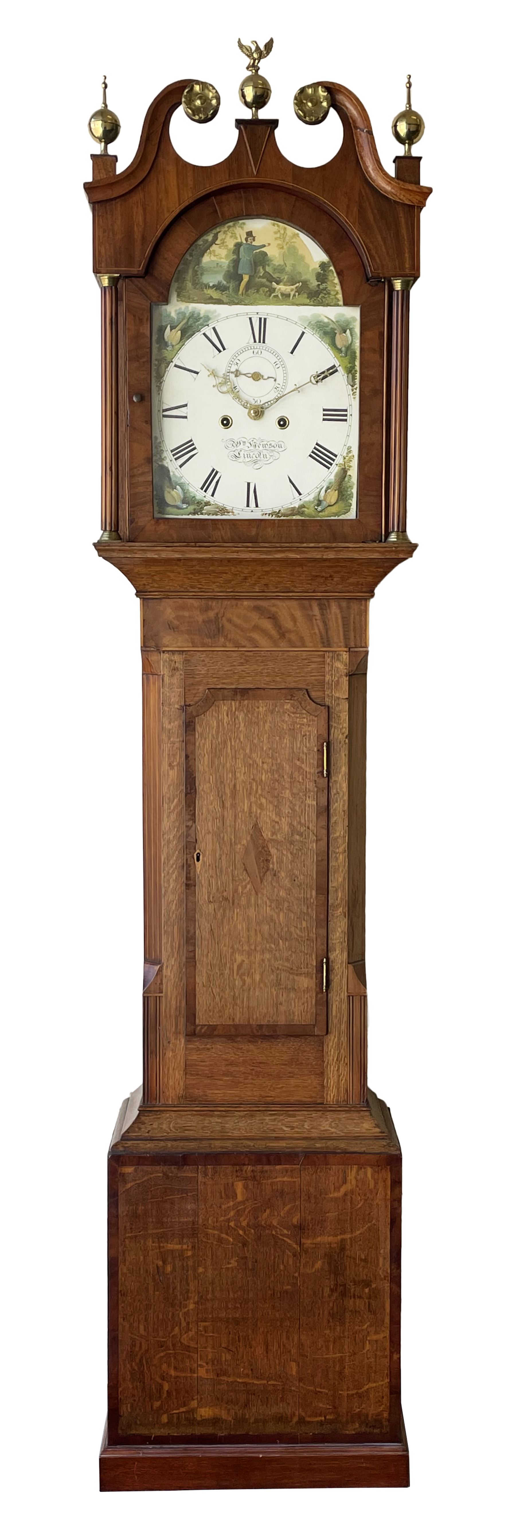 An oak and mahogany longcase clock by William Hewson, Lincoln c 1860, with a swans neck pediment