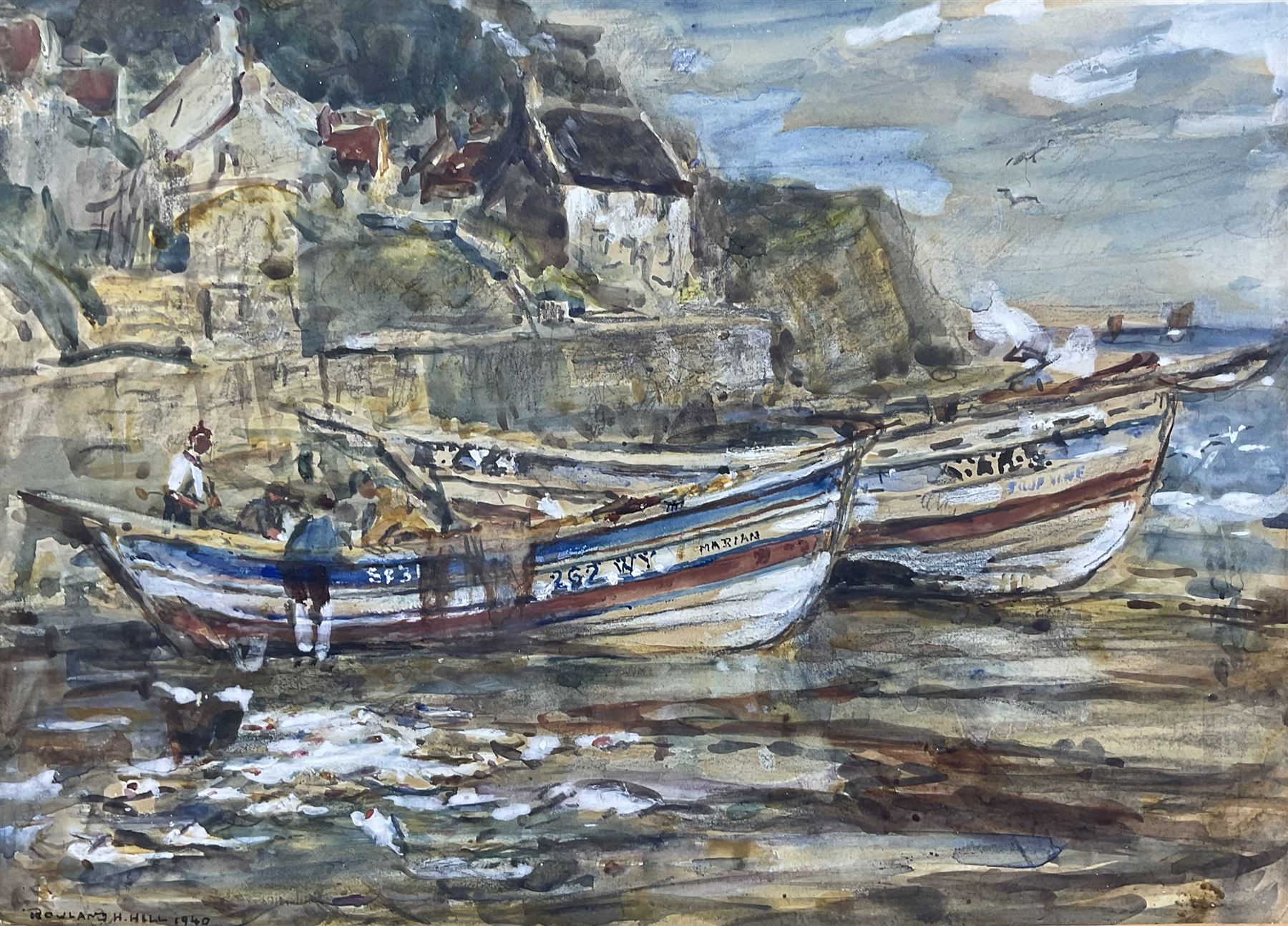 Rowland Henry Hill (Staithes Group 1873-1952): Whitby Cobles at Runswick Bay, watercolour signed and dated 1940, 24cm x 34cm