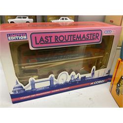 Corgi - eighteen modern die-cast models including racing cars, Land Rovers, Thornycroft Box Van, Ford Transit and Bedford Vans, Minis, Last Routemaster bus, two Trackside DIYCAST sets etc; all boxed (18)