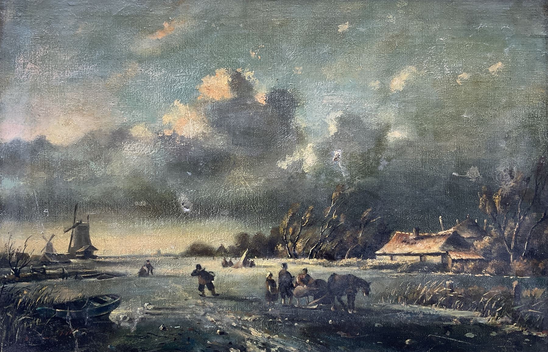 E Van Dam (Dutch late 19th century): Snowy Landscape with Figures and Windmills, oil on canvas signed and dated 1894, 30cm x 45cm