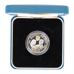 Six Queen Elizabeth II The Royal Mint silver coins or sets, comprising Falkland Islands 1983 '150th Anniversary' fifty pence, Belize 1992 '50th Anniversary Battle of El Alamein 1942-1992' five dollars two coin set, Guernsey 1995 'Queen Elizabeth The Queen Mother 95th Birthday' one pound, Barbados 1997 'Golden Wedding Anniversary' one dollar, Alderney and Guernsey 2001 'Celebrating The Queen's Seventy-Fifth Birthday' one pound two coin set and Alderney and Guernsey 'Celebrating The Queen's Seventy-Fifth Birthday' five pounds two coin set, all cased with certificates