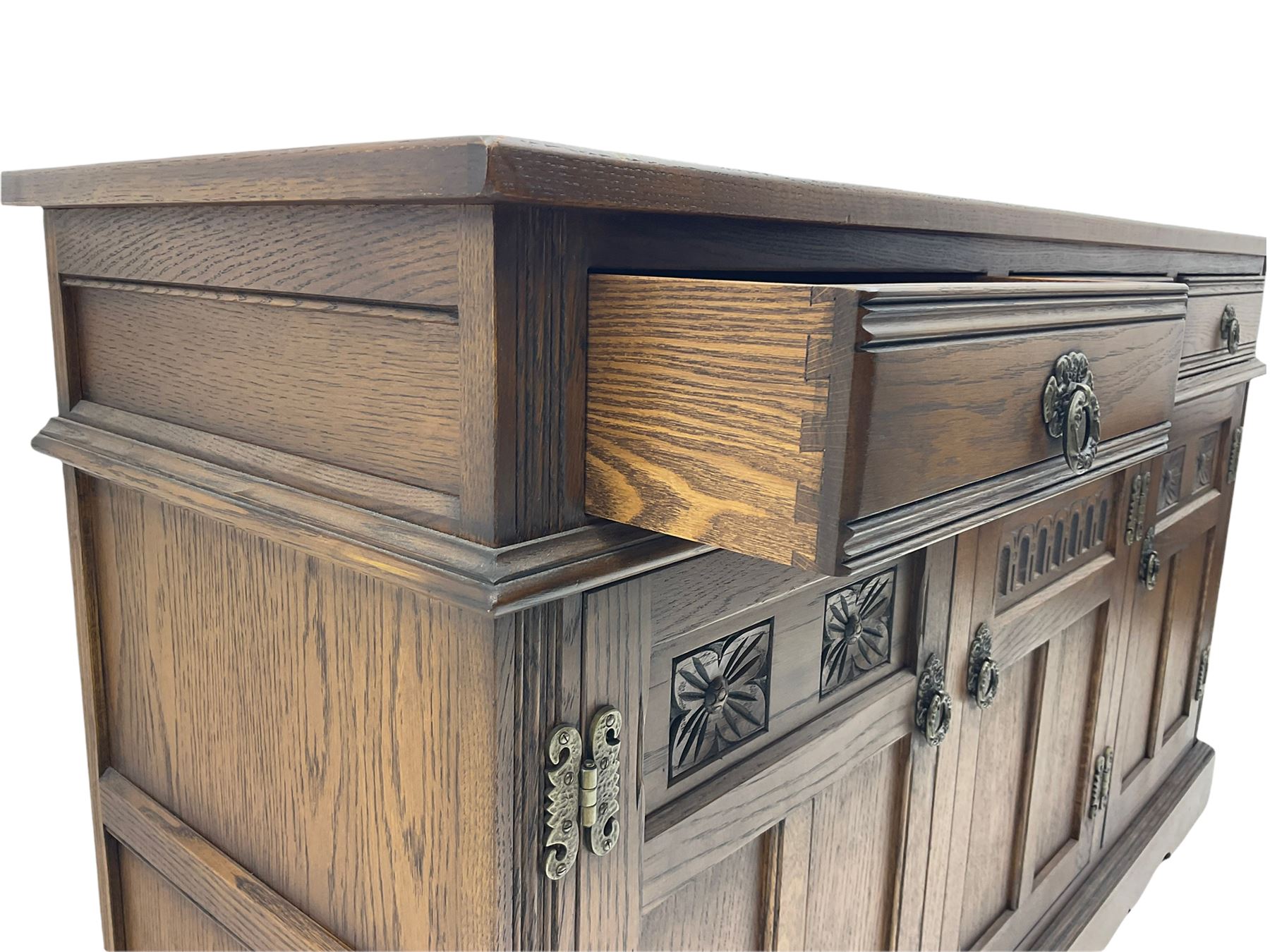 Old Charm Tudor style oak three drawer sideboard