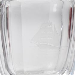 Orrefors glass vase of rectangular design etched with a sailing ship H19cm, Venetian beaker decorated with red and white enamelH15cm and two coloured glass vases