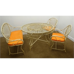  Cream painted metal circular garden table (D122cm, H76cm) with two matching armchairs and a bench (4)  