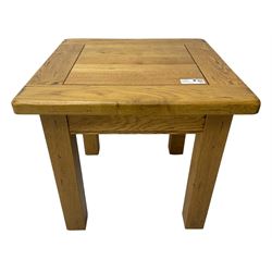 Oak coffee or lamp table, square top on square supports 