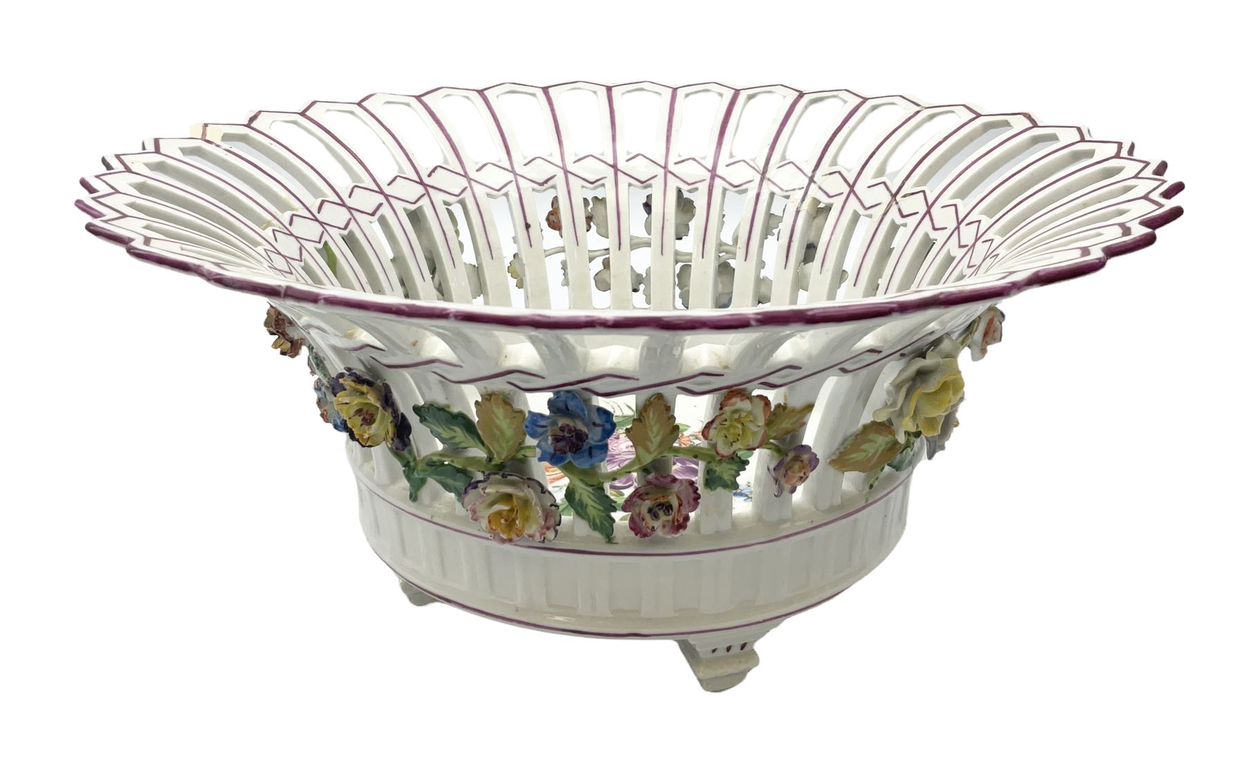 Early 20th century Dresden floral encrusted pierced bowl, centrally painted with flowers, on four tapering supports, D30cm 