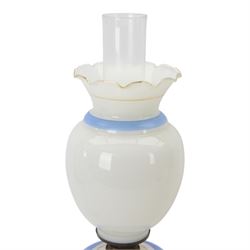 Victorian opaline glass oil lamp, with transfer printed decoration of Napoleon Bonaparte and his wife Josephine, H60cm