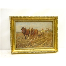 James William Booth (Staithes Group 1867-1953): 'Ploughing', oil on canvas laid on board signed, original title and address label verso 21cm x 30cm  DDS - Artist's resale rights may apply to this lot    