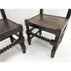 Pair late 19th century oak Yorkshire chairs, cusped back with carved scrolls and masks