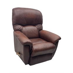 La-Z-Boy - manual reclining three piece suite - two seater sofa (W165cm, H105cm); and two armchairs (W98cm), upholstered in brown leatherette