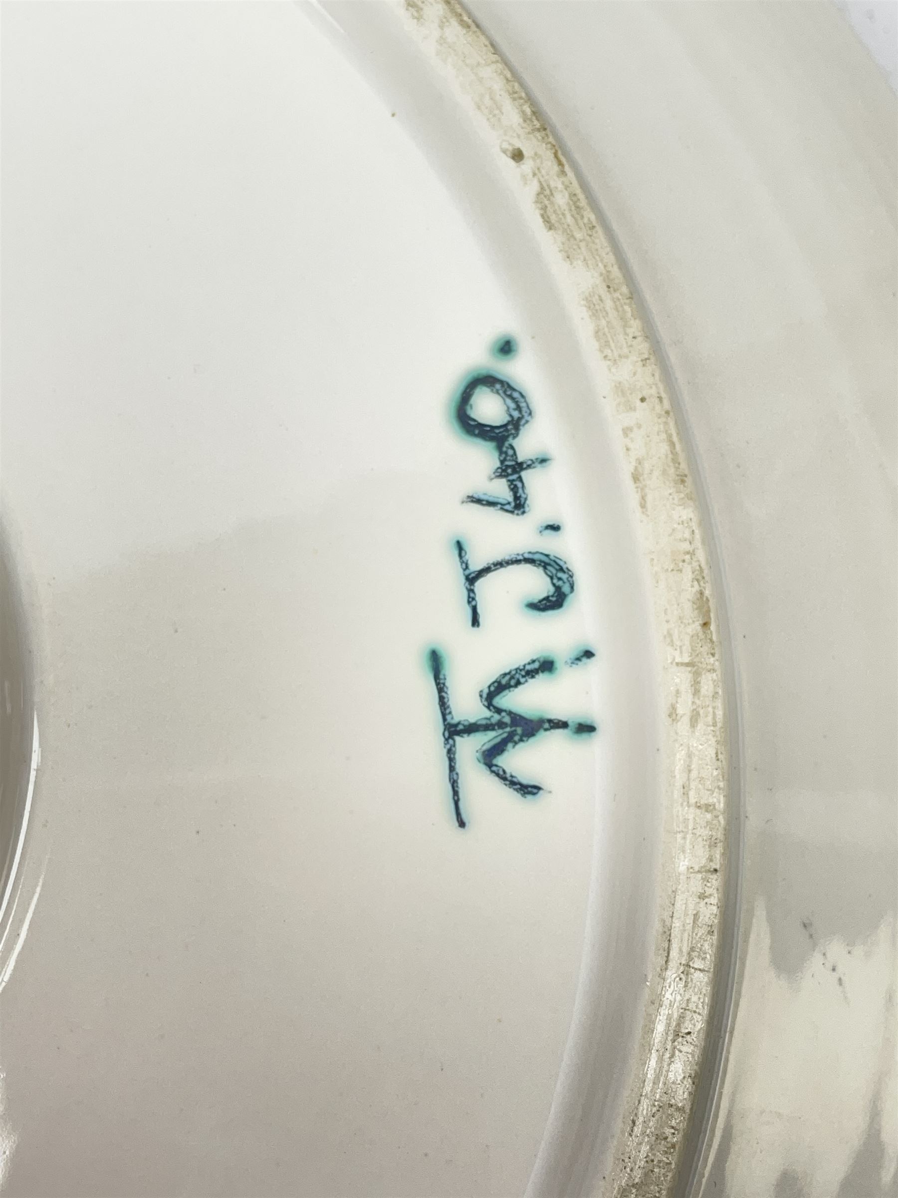 Tony Morris (British 1942-2018) for Poole Pottery: Studio pottery bowl of shallow circular form, thrown by Alan White, glazed and decorated by Tony Morris, impressed and painted marks to base, printed and painted marks beneath D35.5cm 