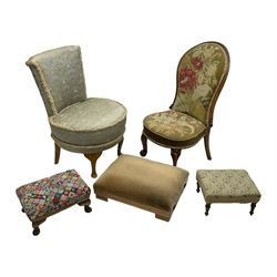 Victorian spoon back nursing chair; upholstered bedroom chair; three stools (5)
